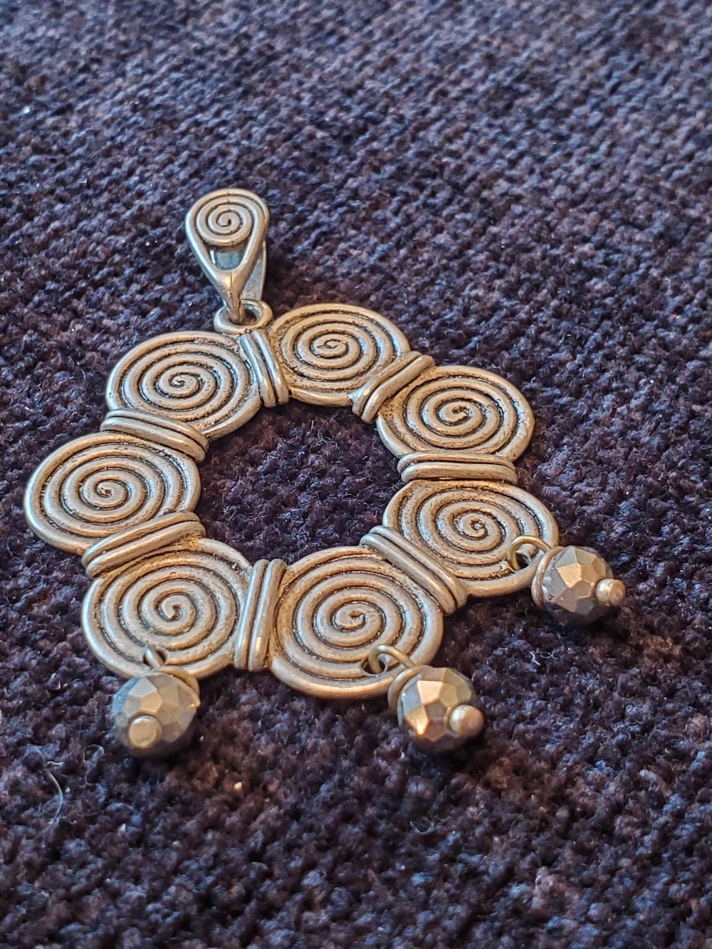 Spiral Circle Silver Pewter Pendant with Dangle Beads